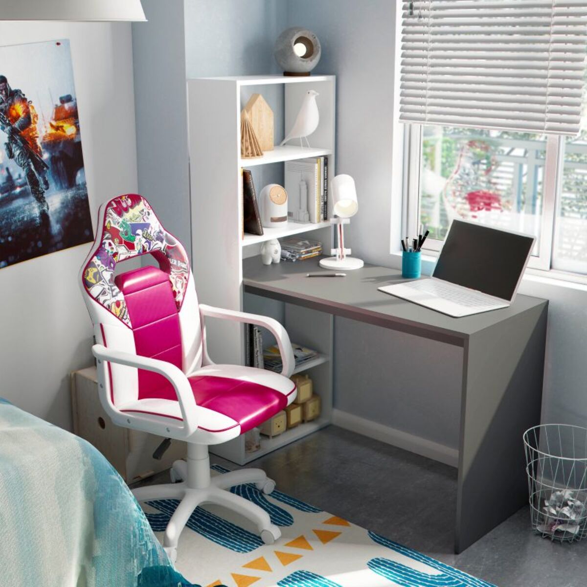 Mesa de escritorio con estantería Cosmic en blanco artik gris antracita 120 x 144 cm Blanco Artik (Blanco Mate) - Gris Antracita