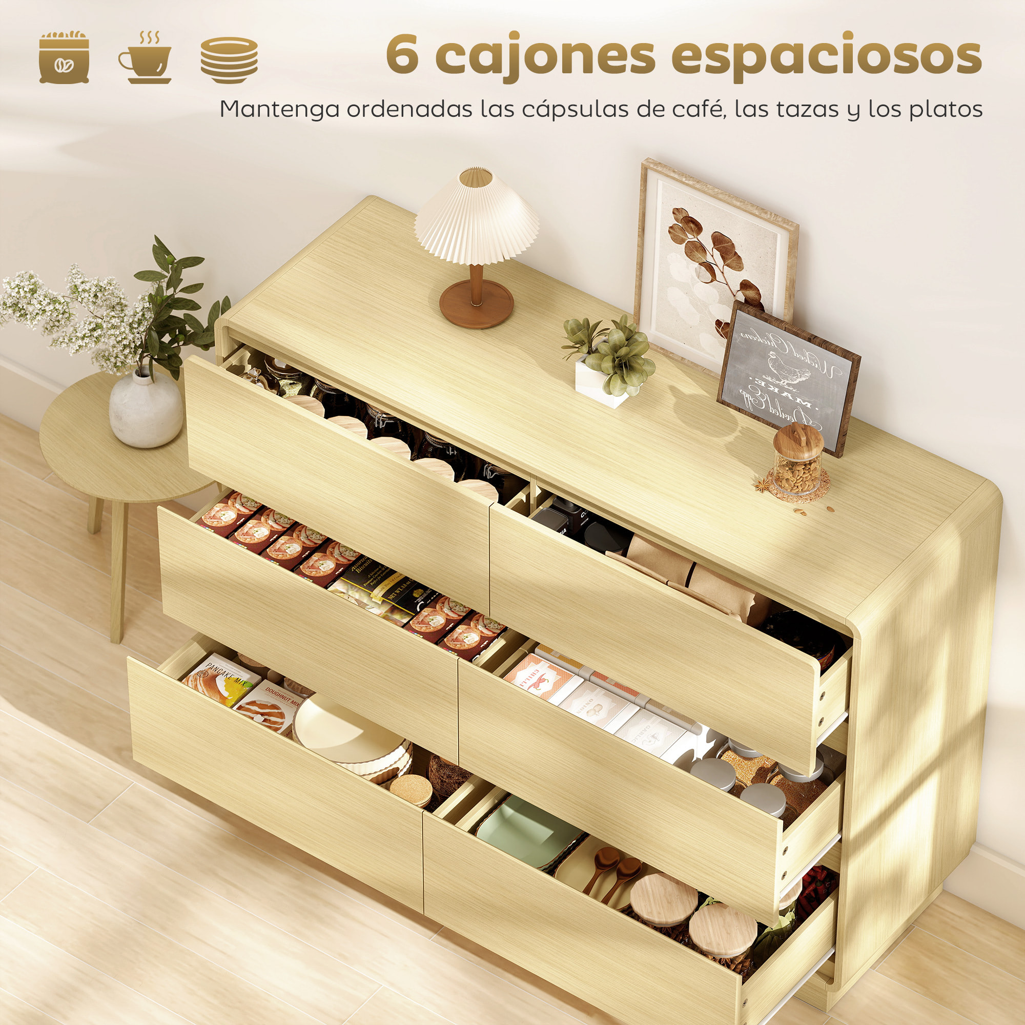 Aparador con 6 Cajones, Cajonera con Bordes Redondeados, Cómoda, Aparador para Salón, Cocina, Entrada, Oficina, Natural, 120x38x86 cm