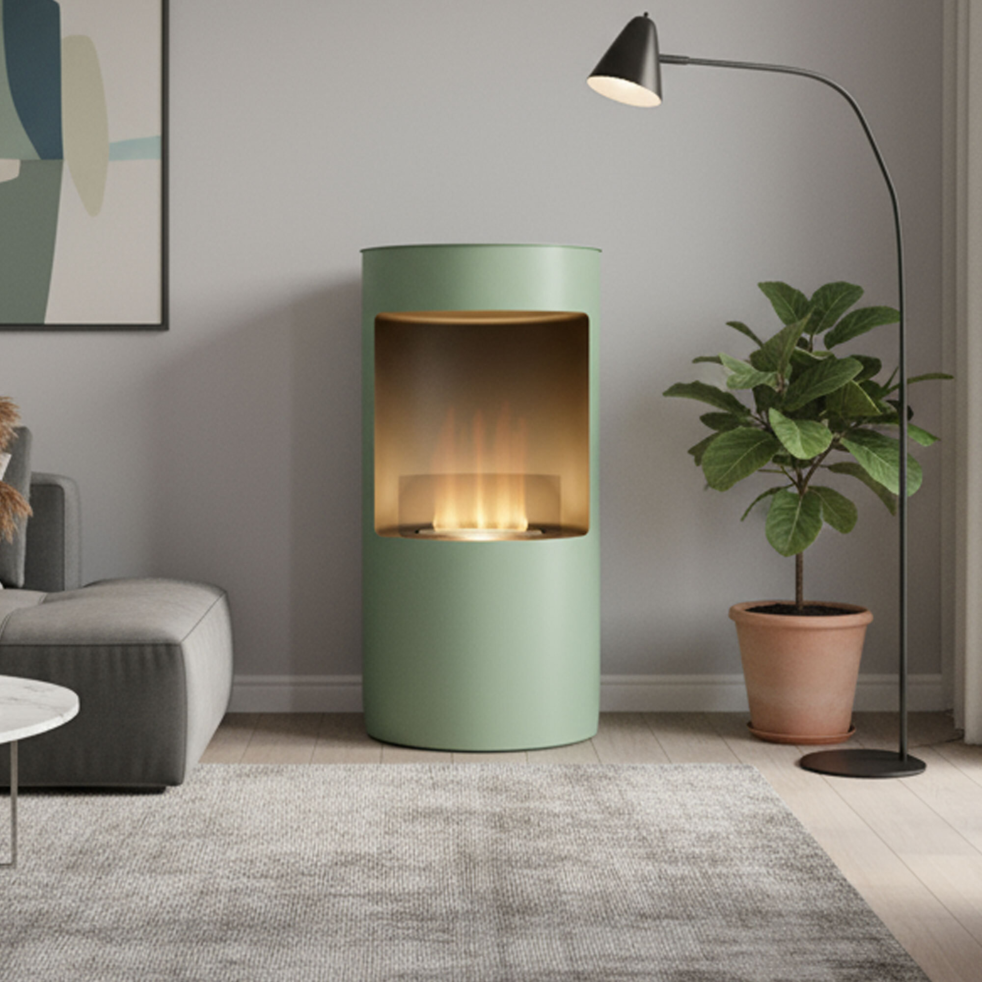 Giulio Cesare - Camino a Bioetanolo da Pavimento Ø40x80 cm di Design da Interno per Arredo in Acciaio Inox Salvia