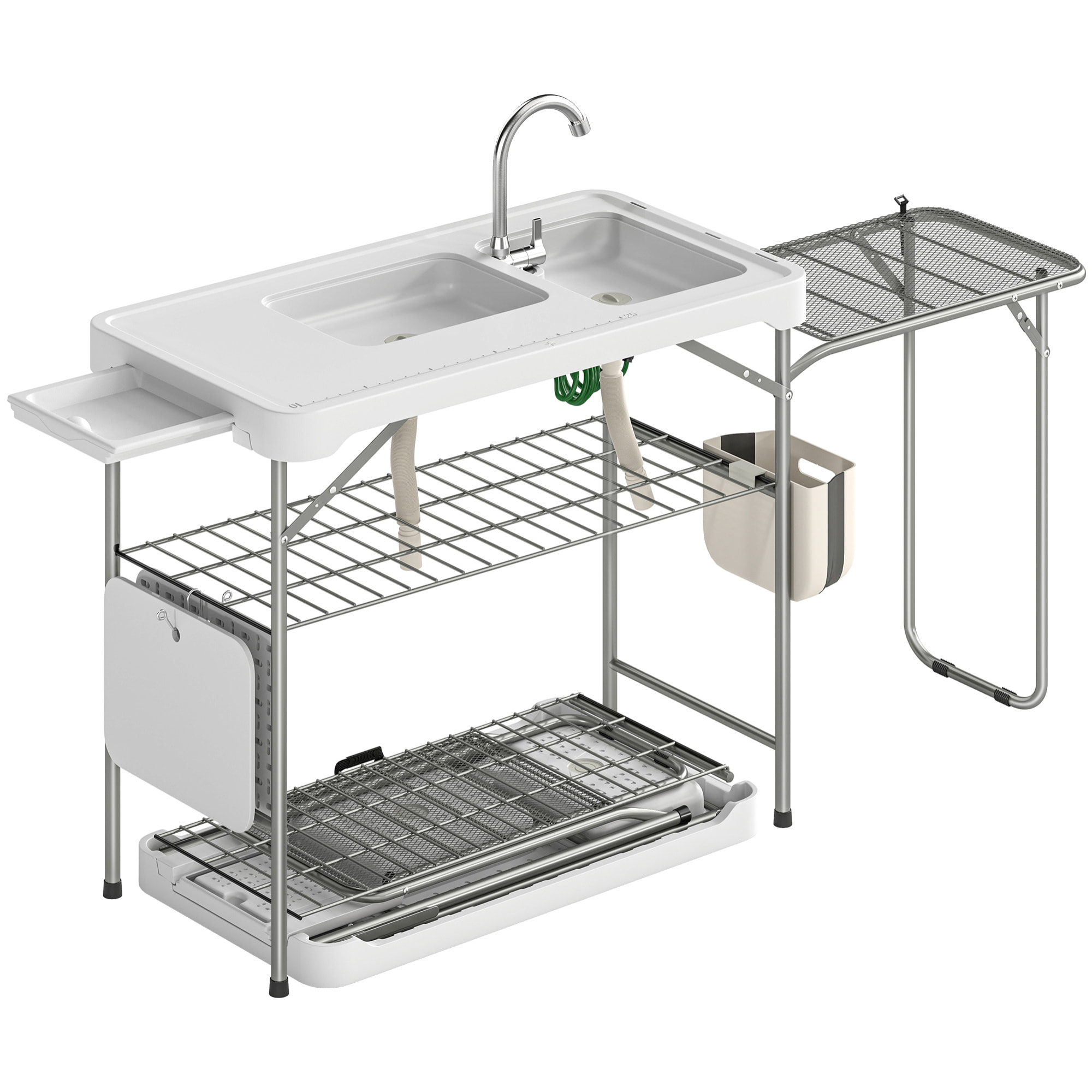 Mesa de Limpieza de Pescado Portátil, Mesa Plegable Camping con 2 Fregaderos, Grifo, Manguera, Estante Lateral, Rejilla, Cajón, Cesta, Regla, Ranuras, Estación de Limpieza para Pesca Barbacoa