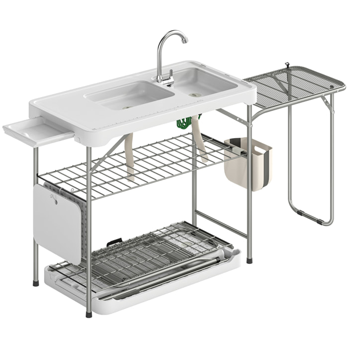 Mesa de Limpieza de Pescado Portátil, Mesa Plegable Camping con 2 Fregaderos, Grifo, Manguera, Estante Lateral, Rejilla, Cajón, Cesta, Regla, Ranuras, Estación de Limpieza para Pesca Barbacoa