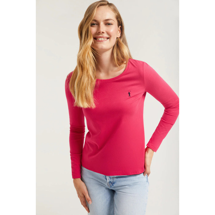 Maglietta basic a maniche lunghe fucsia con logo Rigby Go