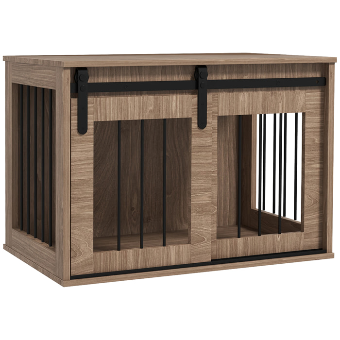 Cage pour chien animaux style indisutriel - porte coulissante verrouillable - acier noir panneaux aspect bois