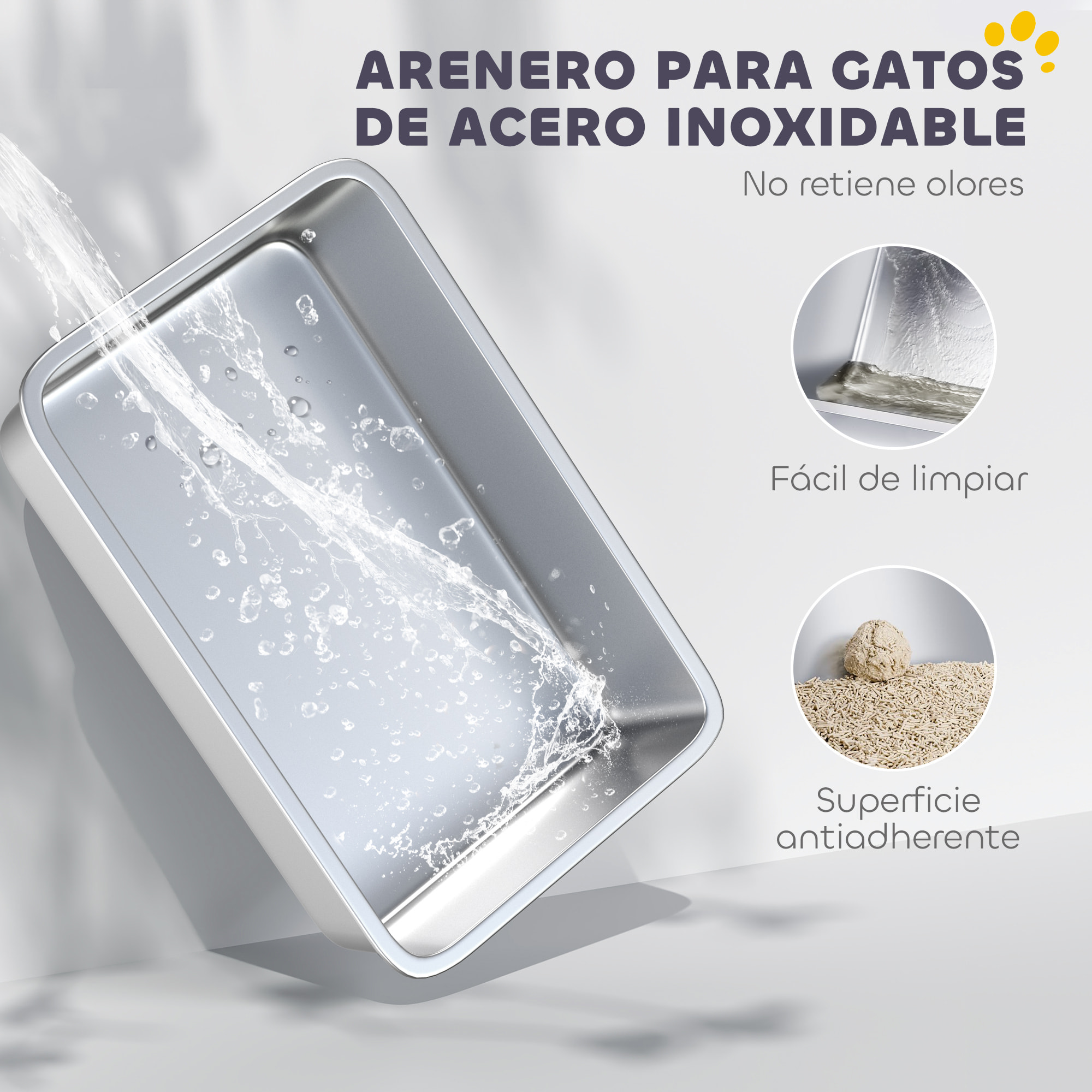 Arenero para Gatos de Acero Inoxidable XXL Caja de Arena para Gatos Arenero con Borde Alto Pala Fácil de Limpiar Prueba de Fugas 70x50x30 cm Gris