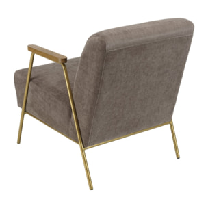 AGATHE - Fauteuil lounge tissu taupe métal doré accoudoirs bois