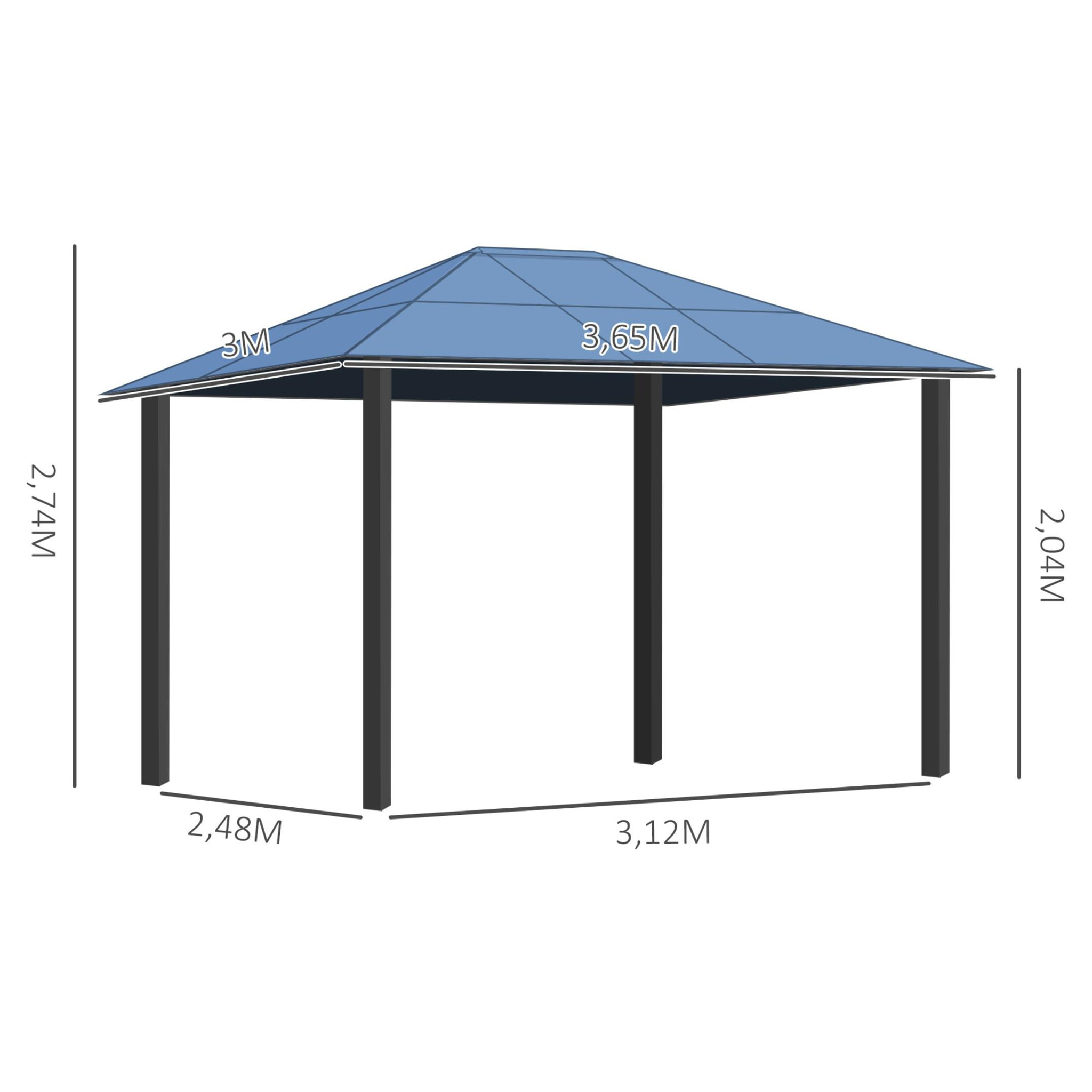 Cenador de Jardín 3,65x3 m Acero con Techo de Policarbonato Protección UV 50+