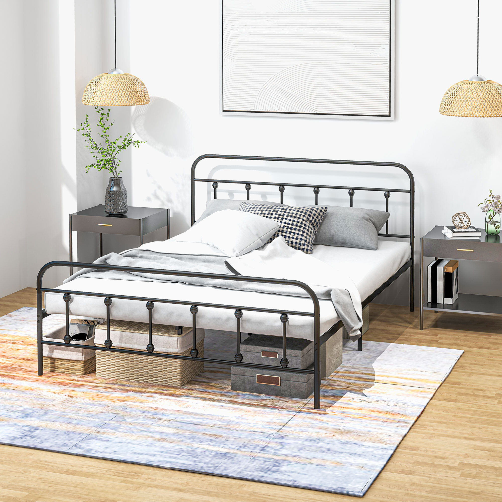 Lit double acier noir - tête de lit, pied de lit et sommier inclus - compatible matelas 140x200 cm