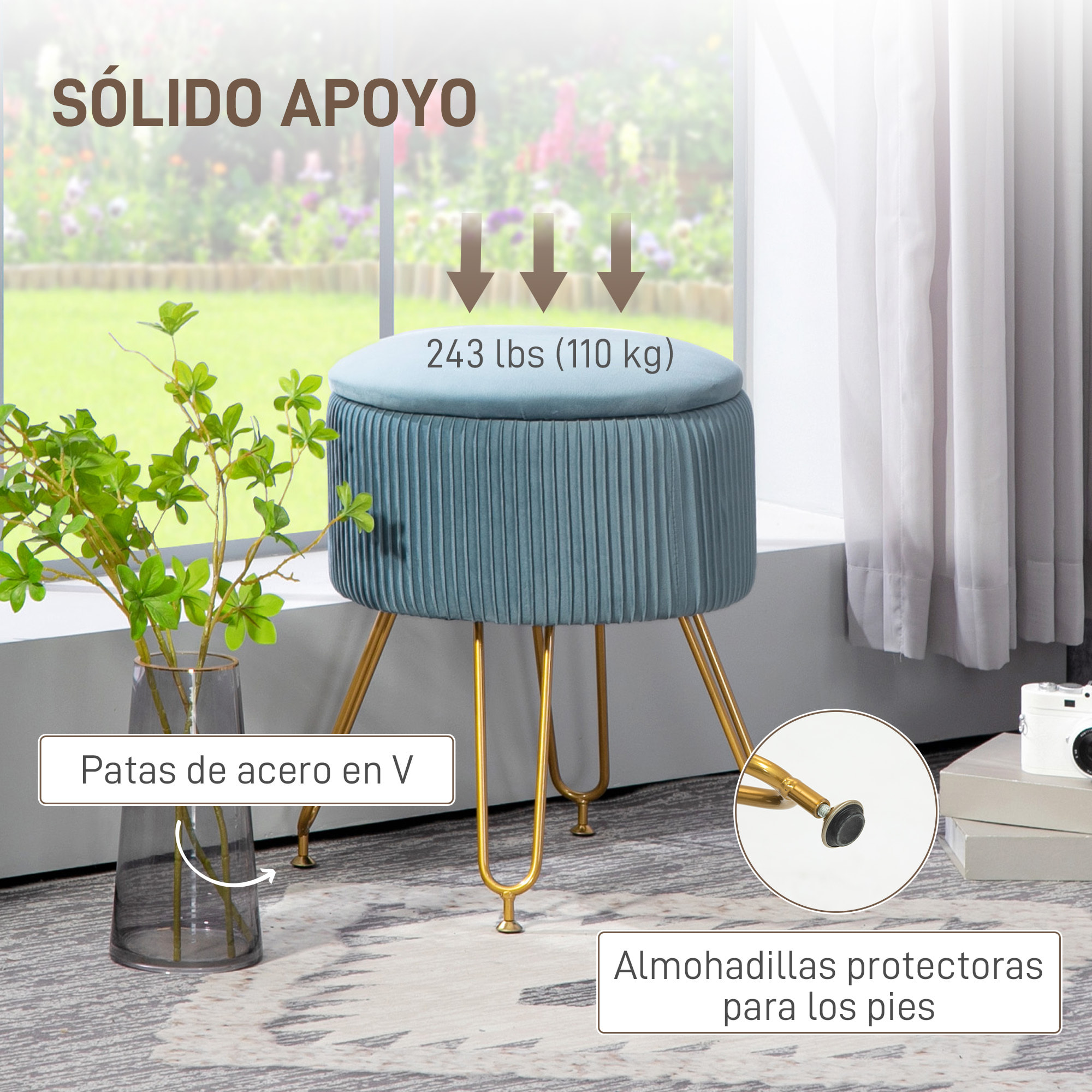 Baúl de Almacenaje para Dormitorio Puff Almacenaje Tapizado en Terciopelo Banco de Almacenaje con Patas de Acero para Pasillo Salón Ø40x48 cm Azul Claro