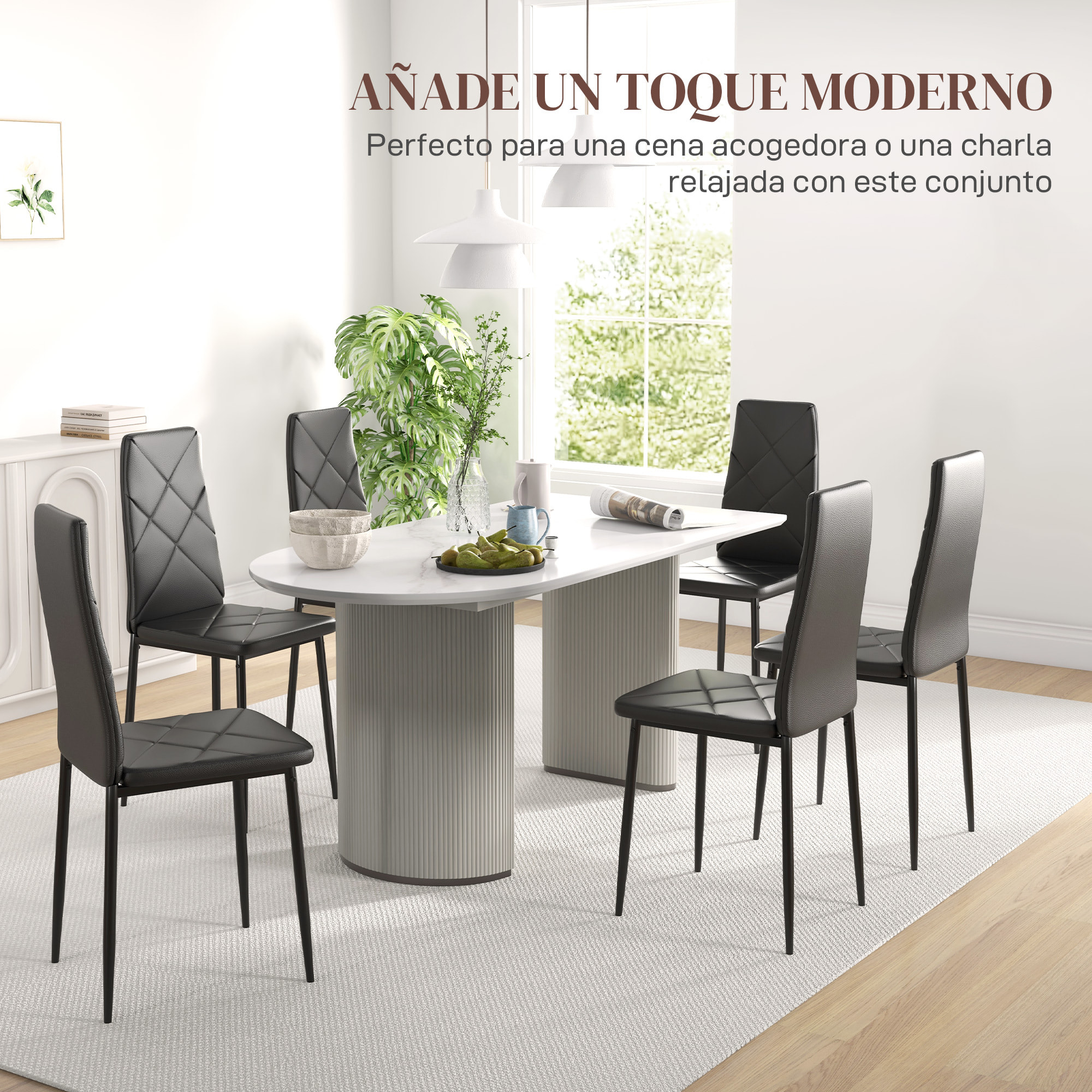 Pack de 6 Sillas de Comedor, Sillas de Cocina Modernas, Tapizadas de Cuero Sintético, Respaldo Alto, Asiento Acolchado, Patas de Acero, Negro