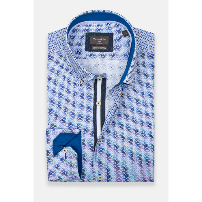 Camicia Uomo 2 Bottoni Button Down Slim Popeline Stretch Stampato Bianco/Celeste