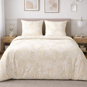Parure housse de couette avec taie 100% satin de coton - Thea Imprimé Feuillage Beige