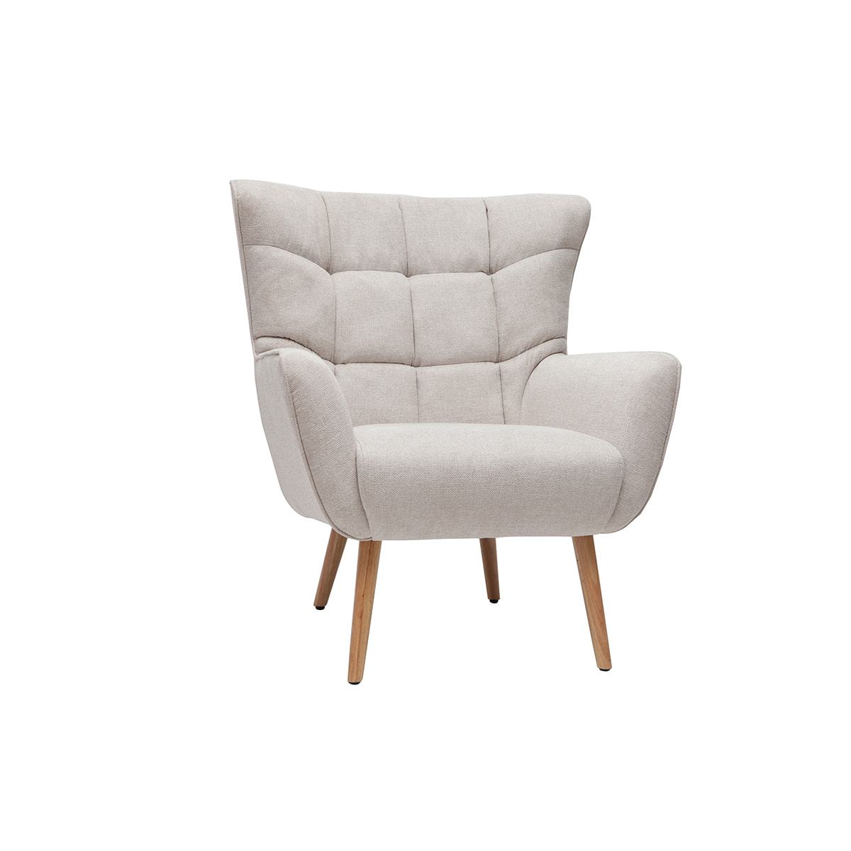 Fauteuil scandinave en tissu effet velours texturé beige et bois clair AVERY