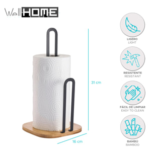 Soporte para papel de cocina en acero y bambú de estilo industrial