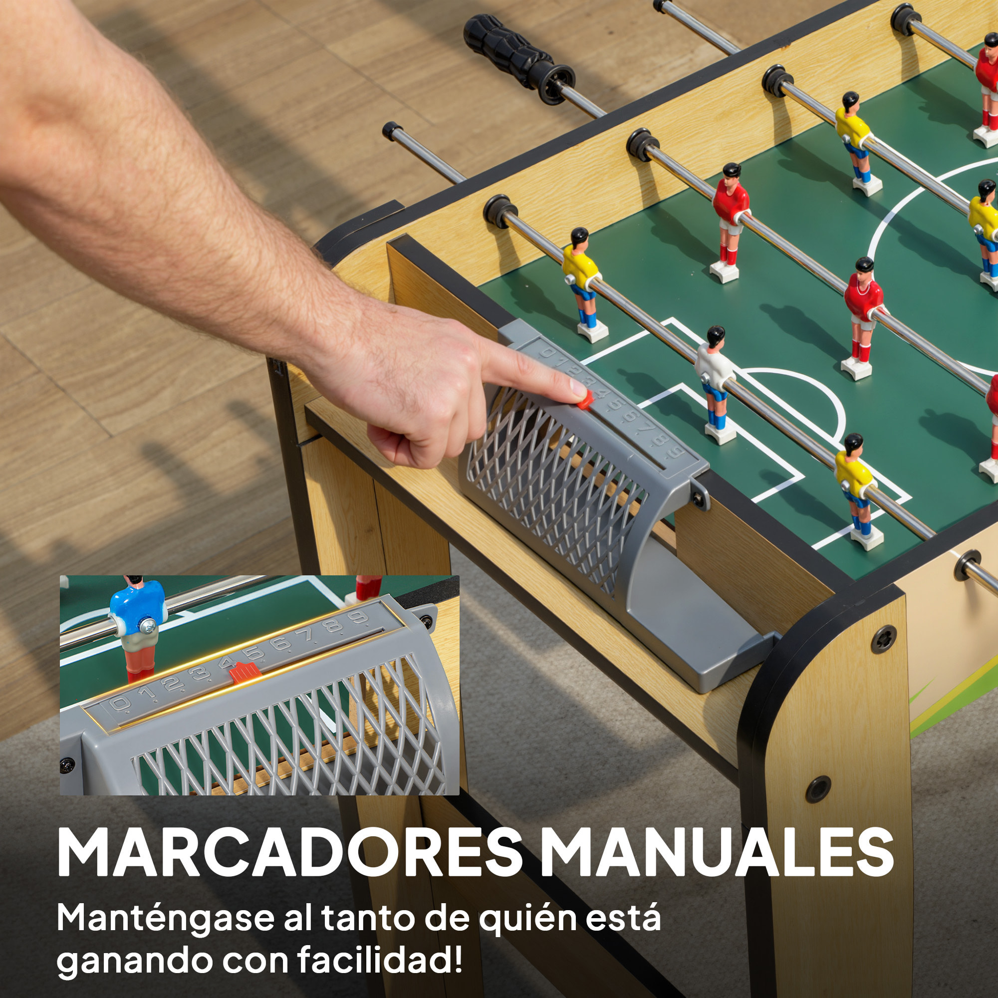Futbolín para Niños de Madera, Mesa de Futbolín con 2 Marcadores, 6 Asas, 18 Jugadores, 6 Barras y 2 Bolas, Regalo para Adultos, Familias, Fiestas, 75x66x75 cm, Natural