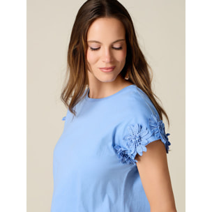 Oltre - T-shirt con applicazioni floreali in pizzo - Azzurro