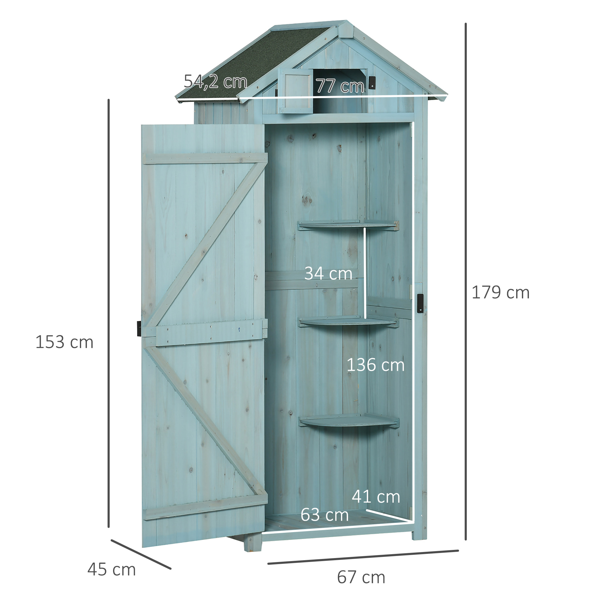 Armoire abri de jardin remise pour outils 3 étagères 2 portes loquets toit pente bitumé 77L x 54l x 179H cm sapin traité bleu