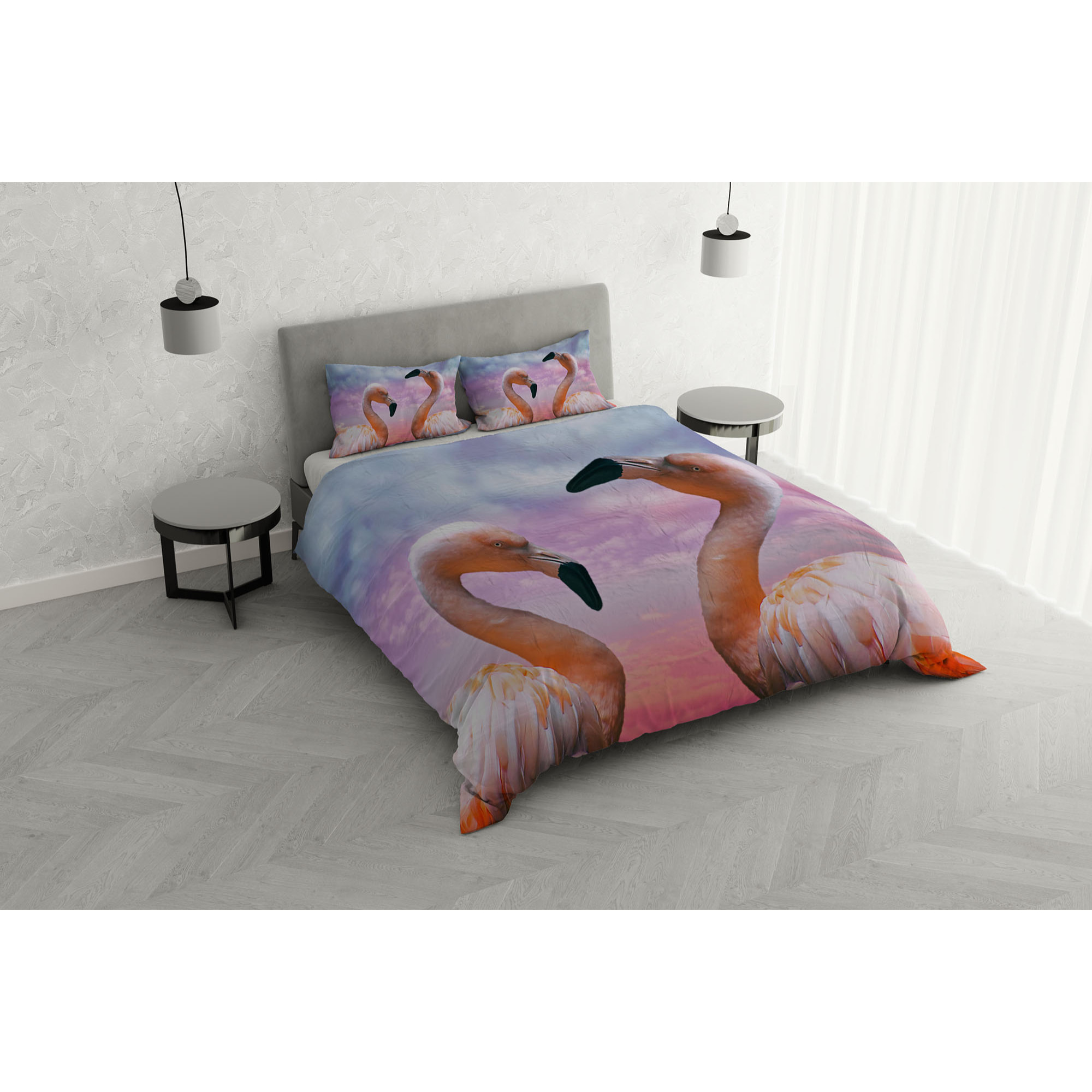 PARURE COPRIPIUMINO STAMPA DIGITALE GOODNIGHT MADE IN ITALY MICROFIBRA- FLAMINGO MATRIMONIALE