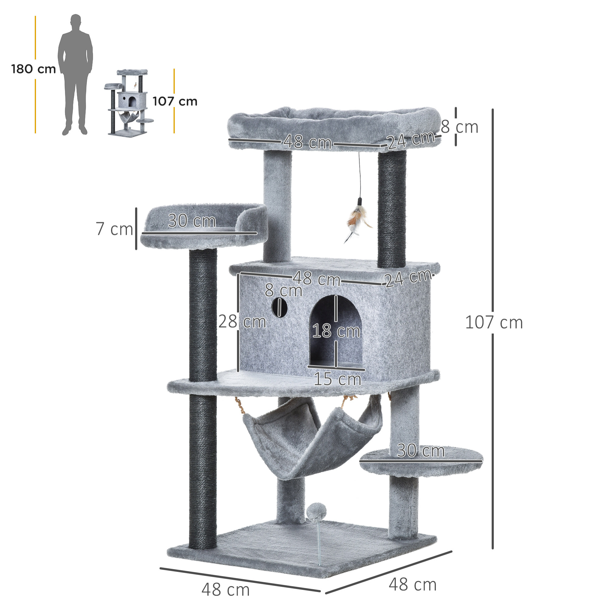 Árbol Rascador para Gatos 48x48x107 cm con Cueva de Fieltro Desmontable Hamaca Camas de Felpa Múltiples Plataformas Postes Rascadores de Sisal y Juguetes Gris