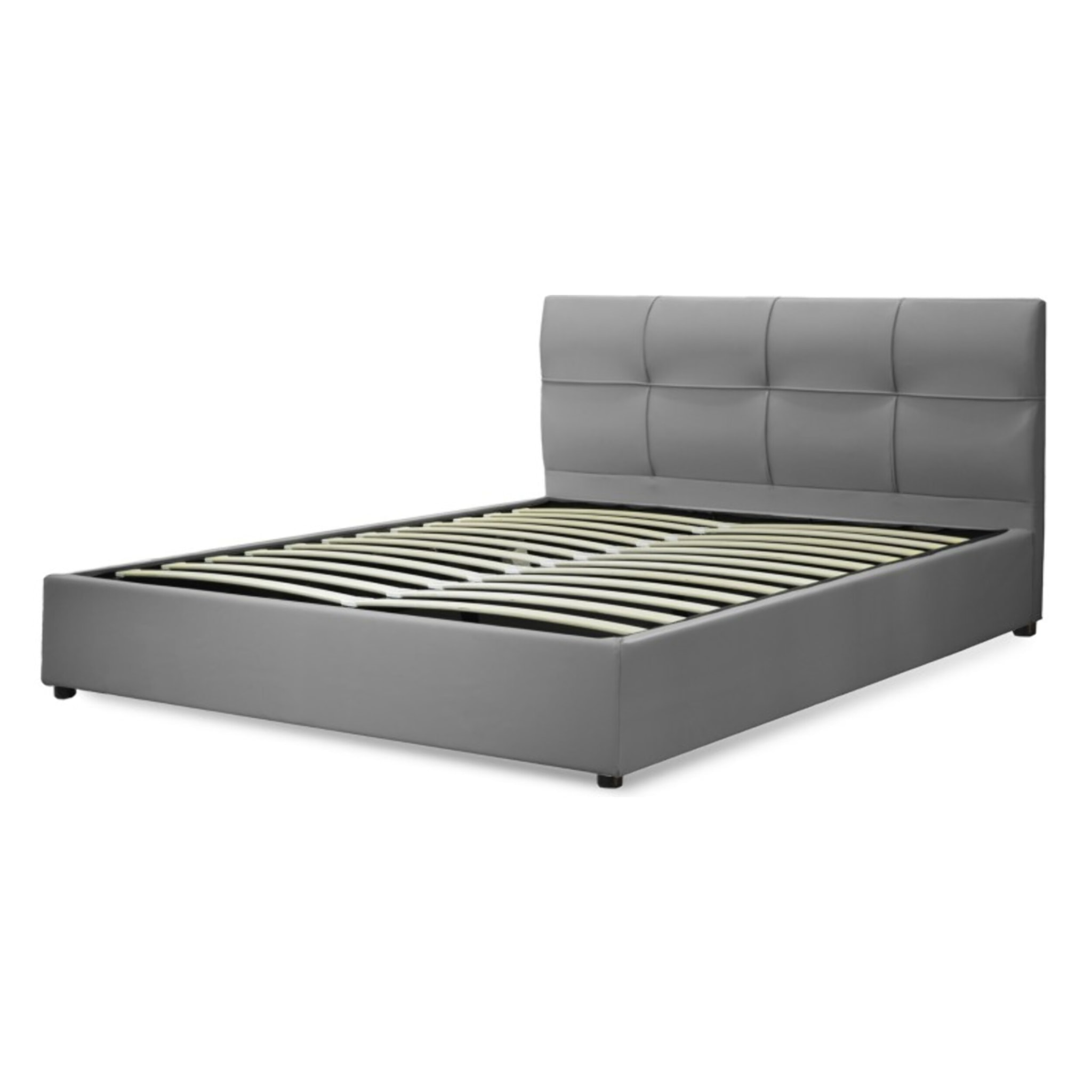 Lit coffre Macao avec tête de lit | Espace de Stockage jusqu'à 900 L | Robuste et Large Angle d’Ouverture | Simili Cuir | Gris