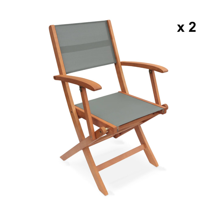 Fauteuils de jardin en bois et textilène - Almeria kaki - 2 fauteuils pliants en bois d'Eucalyptus huilé et textilène