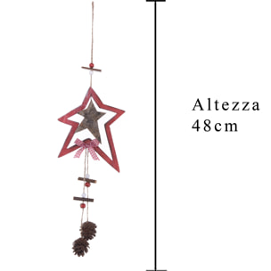 Decoro Stella con pine Legno - Pezzi 12 - Colore Rosso - 13x48Hx1cm - Bianchi Dino