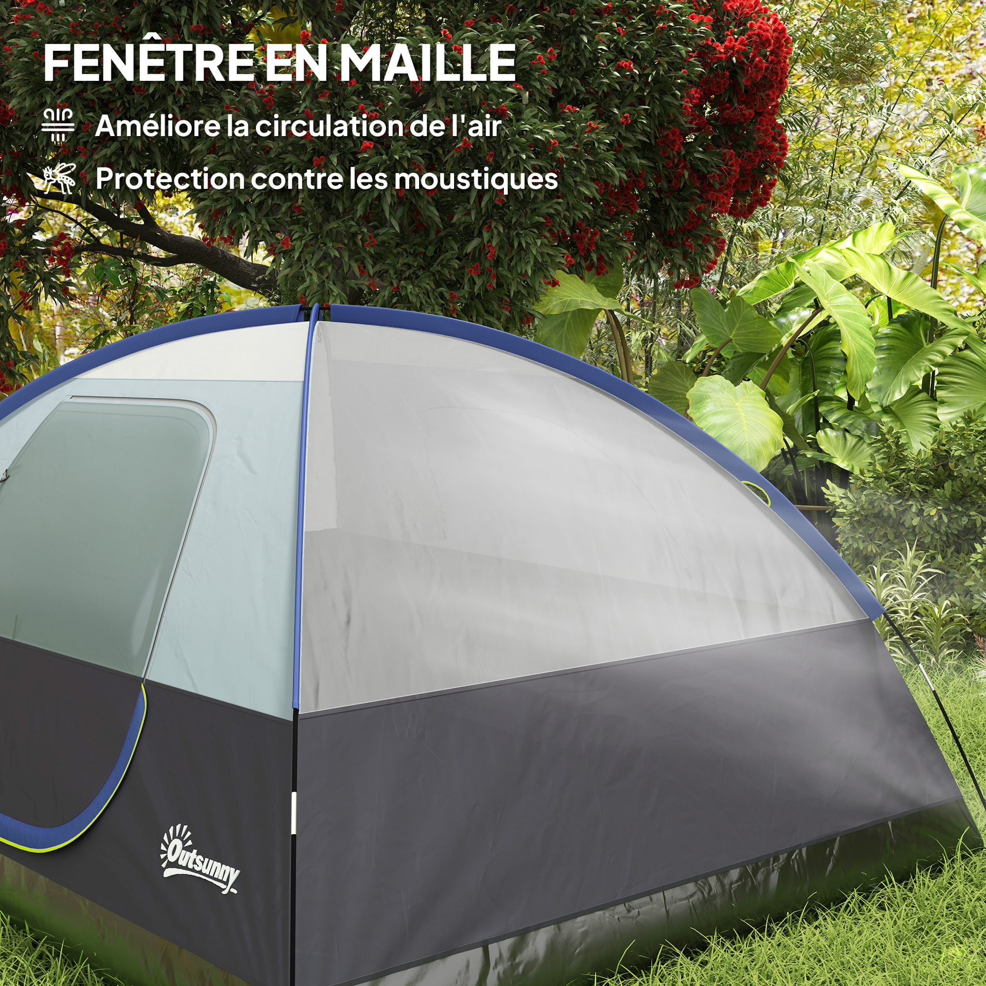 Tente de camping 2-4 personnes - fenêtre, 2 poches, port d'alimentation, sac de transport - bleu foncé
