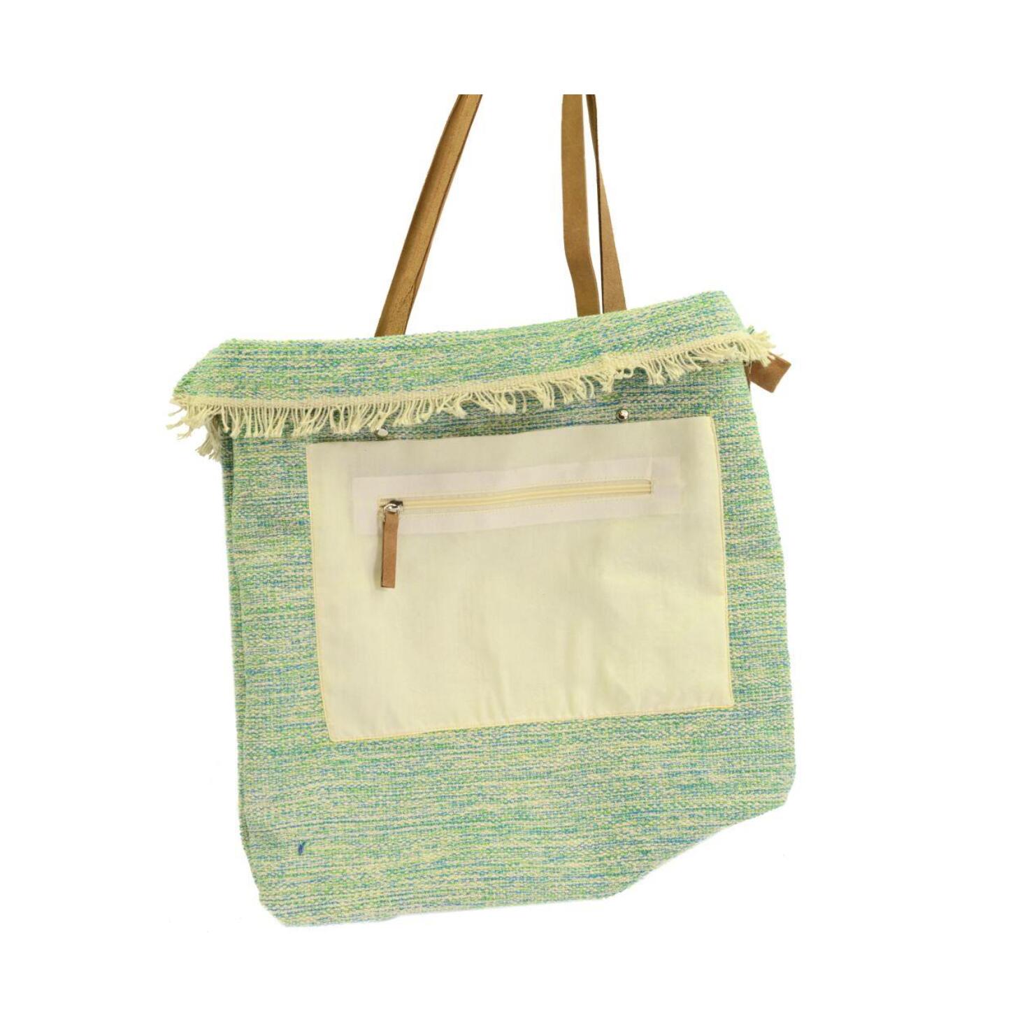Borsa in tessuto verde azzurro con manici in noce cm48h50/70x1