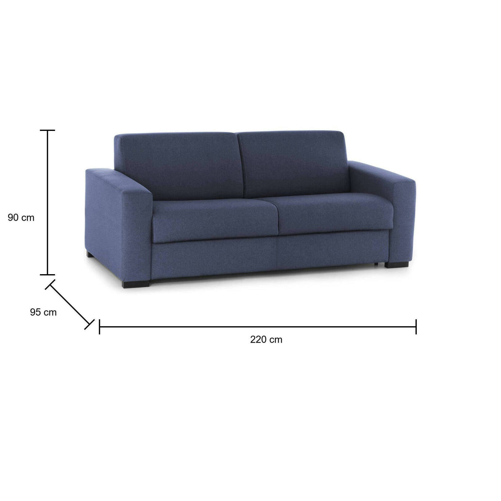 Divano Letto Aliana, Divano a 3 posti, 100% Made in Italy, Sofà Soggiorno con apertura girevole, in tessuto imbottito, con Braccioli standard, Cm 220x95h90, Blu