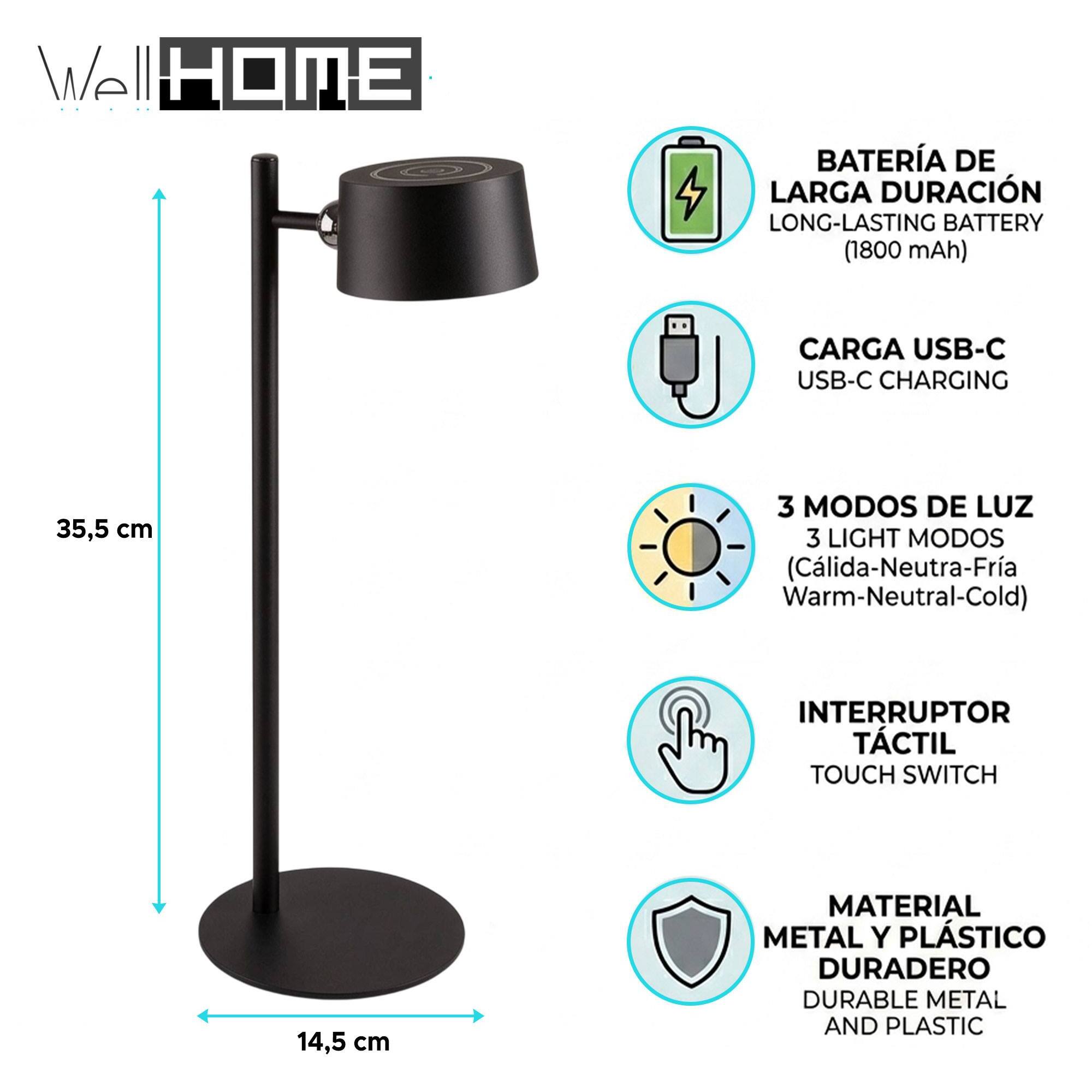 Lámpara de mesa LED recargable USB-C 14,5x35,5cm en color Negro con 3 modos de luz