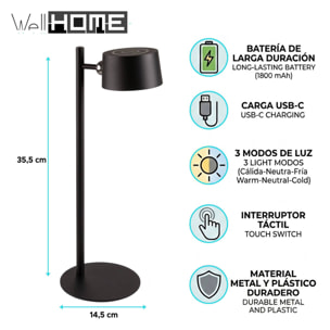 Lámpara de mesa LED recargable USB-C 14,5x35,5cm en color Negro con 3 modos de luz
