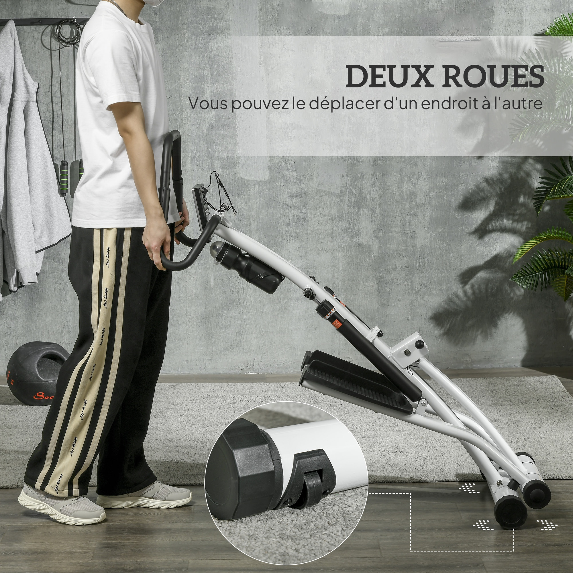 Stepper fitness pliable réglable - stepper avec guidon écran LCD multifonction porte-bouteille 2 roulettes acier blanc