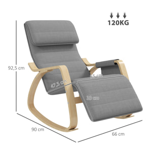 Fauteuil à bascule - fauteuil relax repose-pied réglable, poche rangement, tétière - bois tissu gris