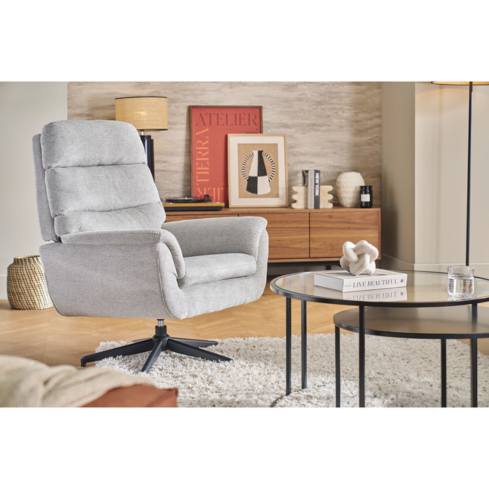 Fauteuil pivotant en tissu chenille gris et métal noir JONAH