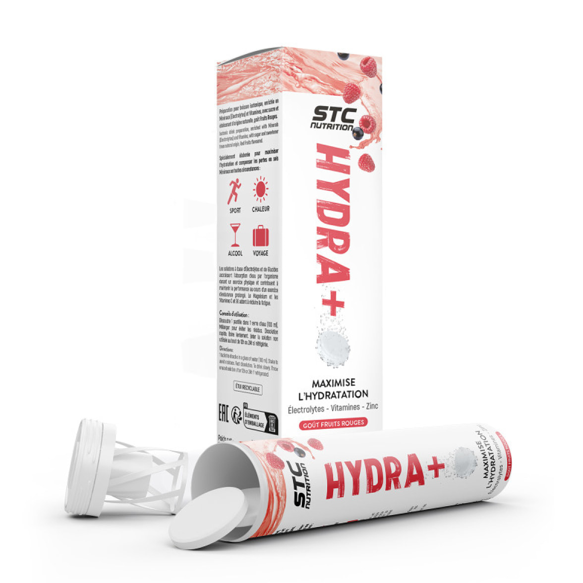 STC NUTRITION - Hydra + - Préparation pour boisson isotonique à base d'électrolytes, vitamines, sucre et édulcorant d'origine naturel - Optimise l'hydratation - 20 pastilles - Fruits Rouges