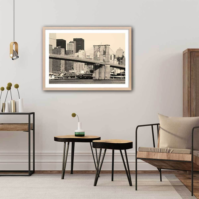 Affiche new york and brooklyn bridge Affiche sous cadre bois
