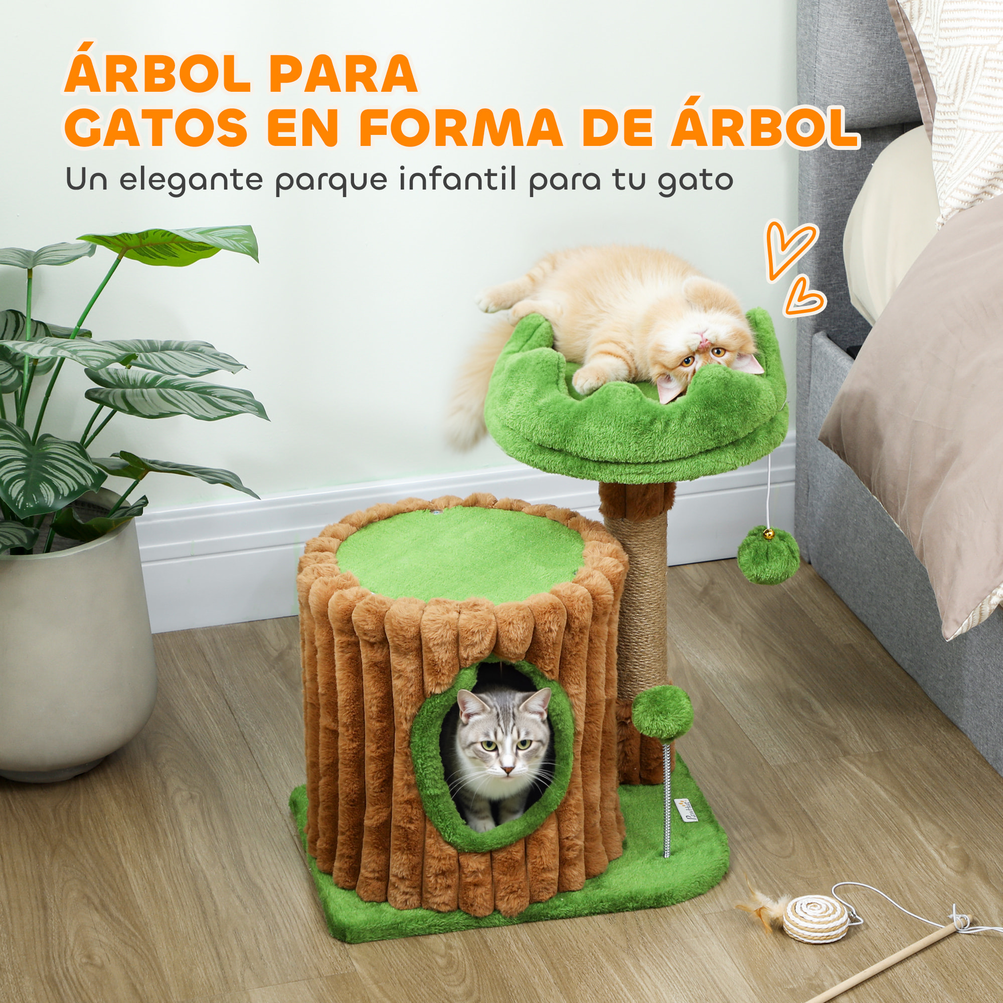 Árbol Rascador para Gatos, Árbol para Gatos 53 cm, Diseño de Tronco, Torre Escalador con Casita, Cama, Poste de Yute, Bolas Colgantes, Marrón y Verde