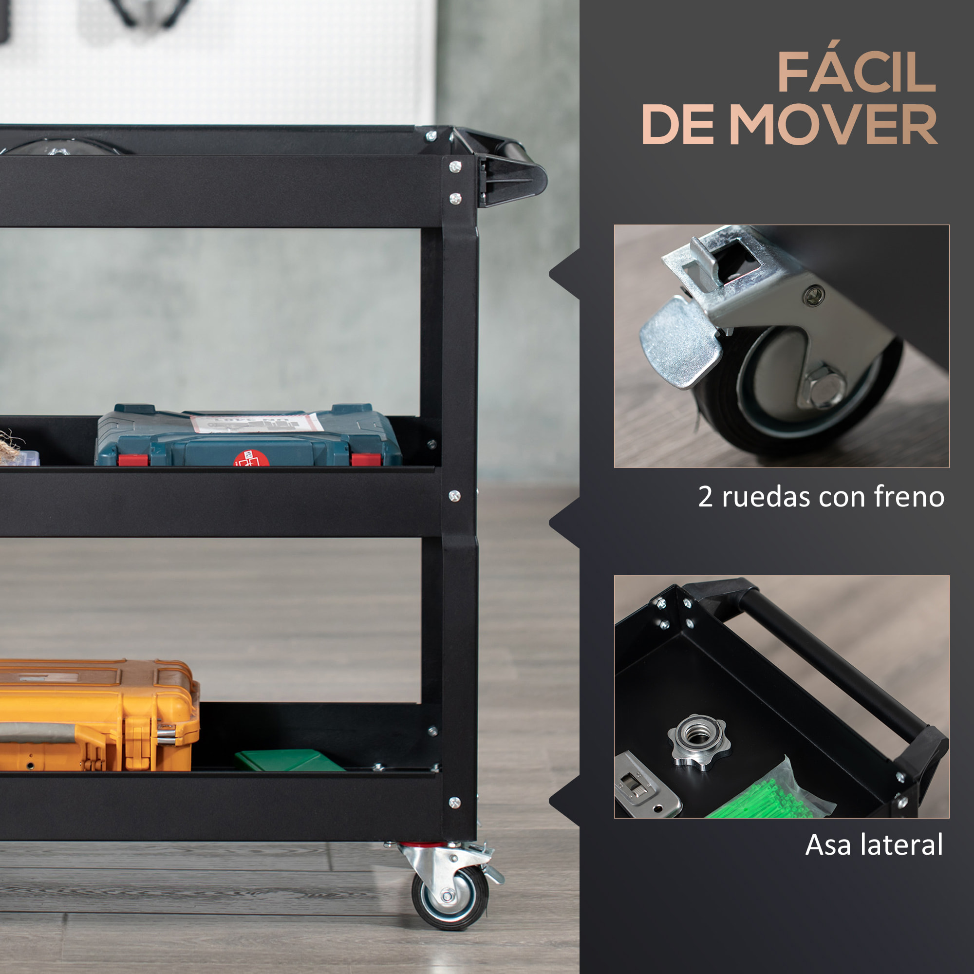 Carro de Herramientas con 3 Estantes y Asa Lateral Carga 150 kg 78,8x35,3x72 cm