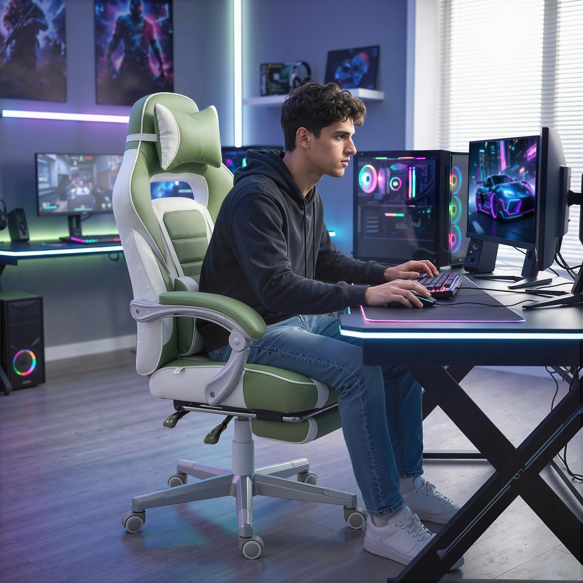 Silla Gaming, Silla Gamer Reclinable, con Altura Ajustable, Reposapiés Retráctil, Soporte Lumbar y Reposacabezas Desmontable, para Oficina, Estudio, Verde