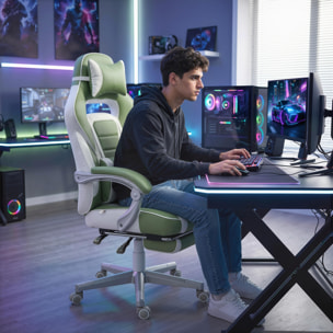 Silla Gaming, Silla Gamer Reclinable, con Altura Ajustable, Reposapiés Retráctil, Soporte Lumbar y Reposacabezas Desmontable, para Oficina, Estudio, Verde