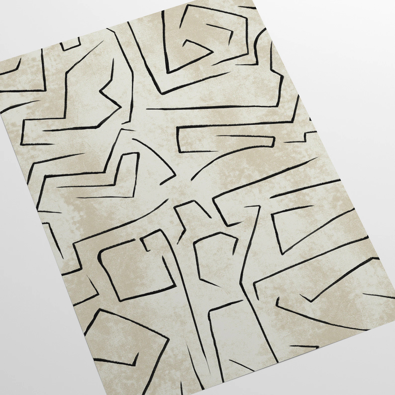 Carta da Parati Beige Graffiti con Strisce Nere Astratta