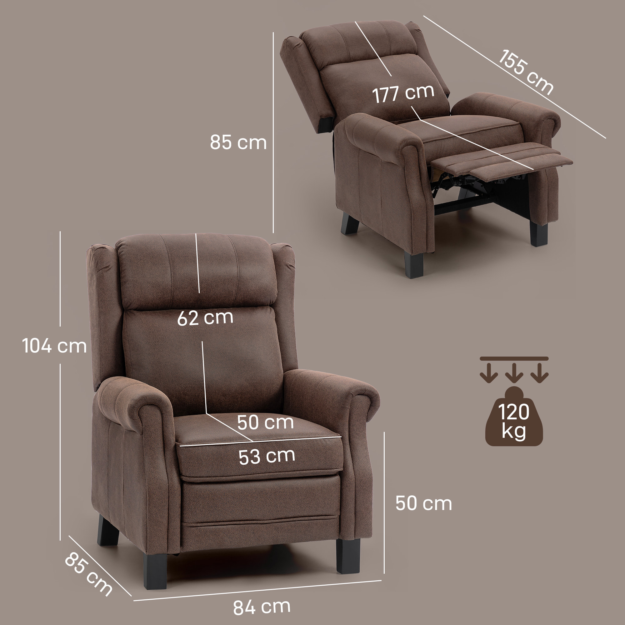 Sillón Relax Reclinable Manual, Sillón Relax de Cuero Sintético con Apertura Push, Reposapiés, Respaldo Alto, Acolchado Grueso, Butaca Reclinable hasta 135Âº para Salón, Dormitorio, Marrón
