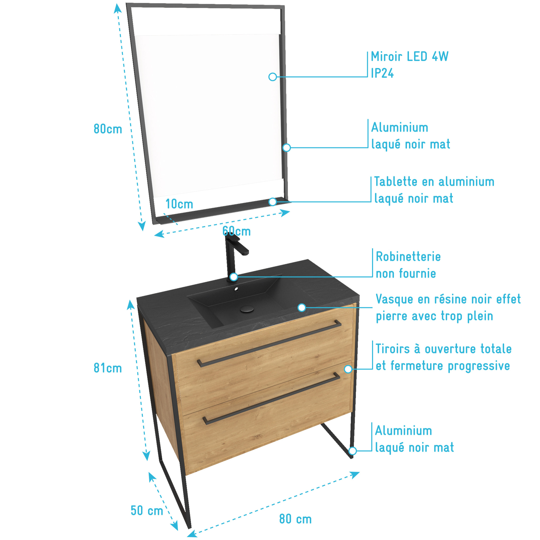 Meuble de salle de bain 80x50cm - 2 tiroirs chêne brun- vasque résine noire effet pierre - miroir