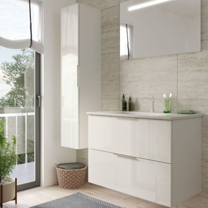 Meuble vasque 90 cm BURGBAD Olena blanc brillant + miroir + colonne de salle de bain