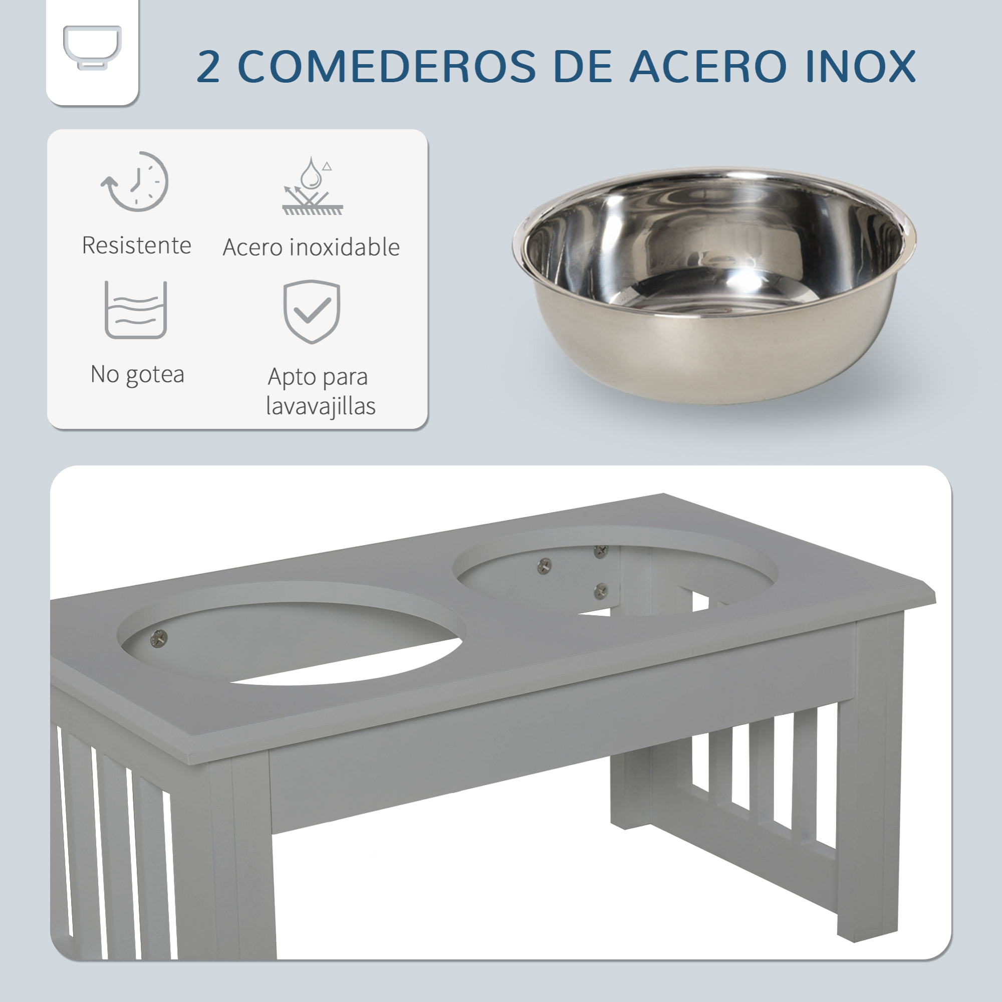 Comedero Elevado para Perros con Soporte y 2 Cuencos Extraíbles de Acero Inoxidable Alimentador para Mascotas Alimento y Agua 44x24x15 cm Gris
