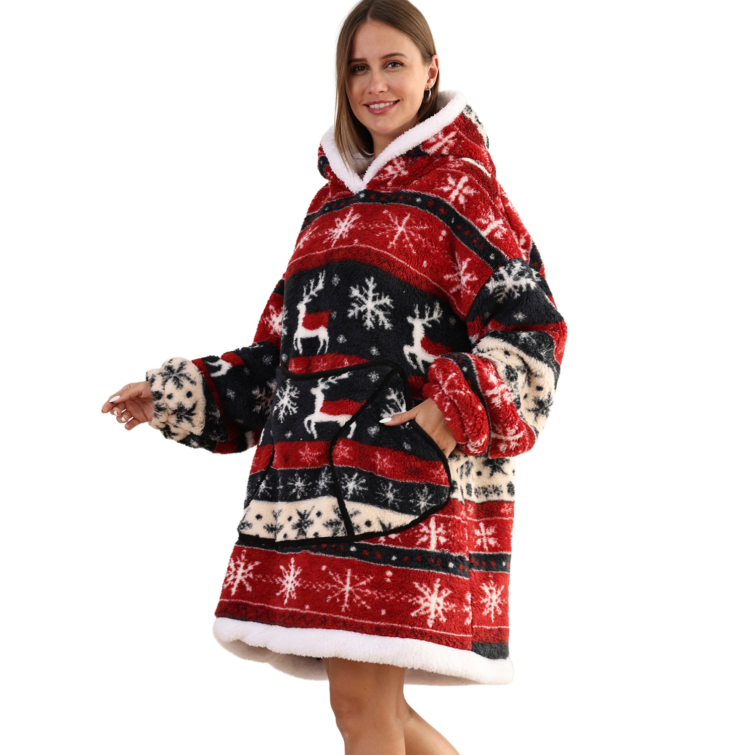 Giaccone stile felpa e coperta in peluche extra morbido. Tripla tasca frontale a marsupio. Design di renna natalizia in stile corto.