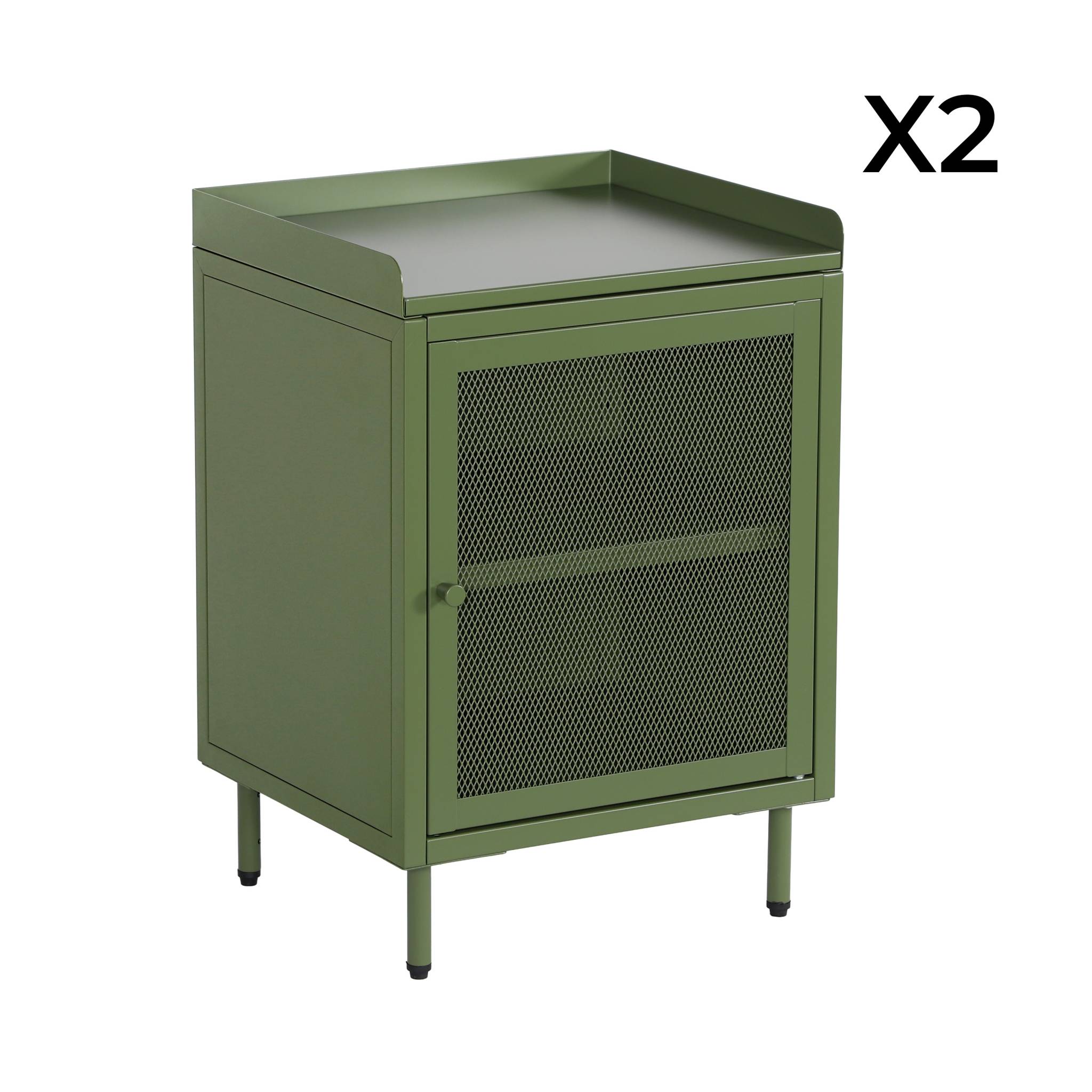 Lot de 2 tables de chevet industrielles métal vert 1 porte grillagée. 40 x 37 x 58.5 cm - Ohio