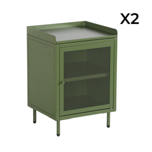 Lot de 2 tables de chevet industrielles métal vert 1 porte grillagée. 40 x 37 x 58.5 cm - Ohio