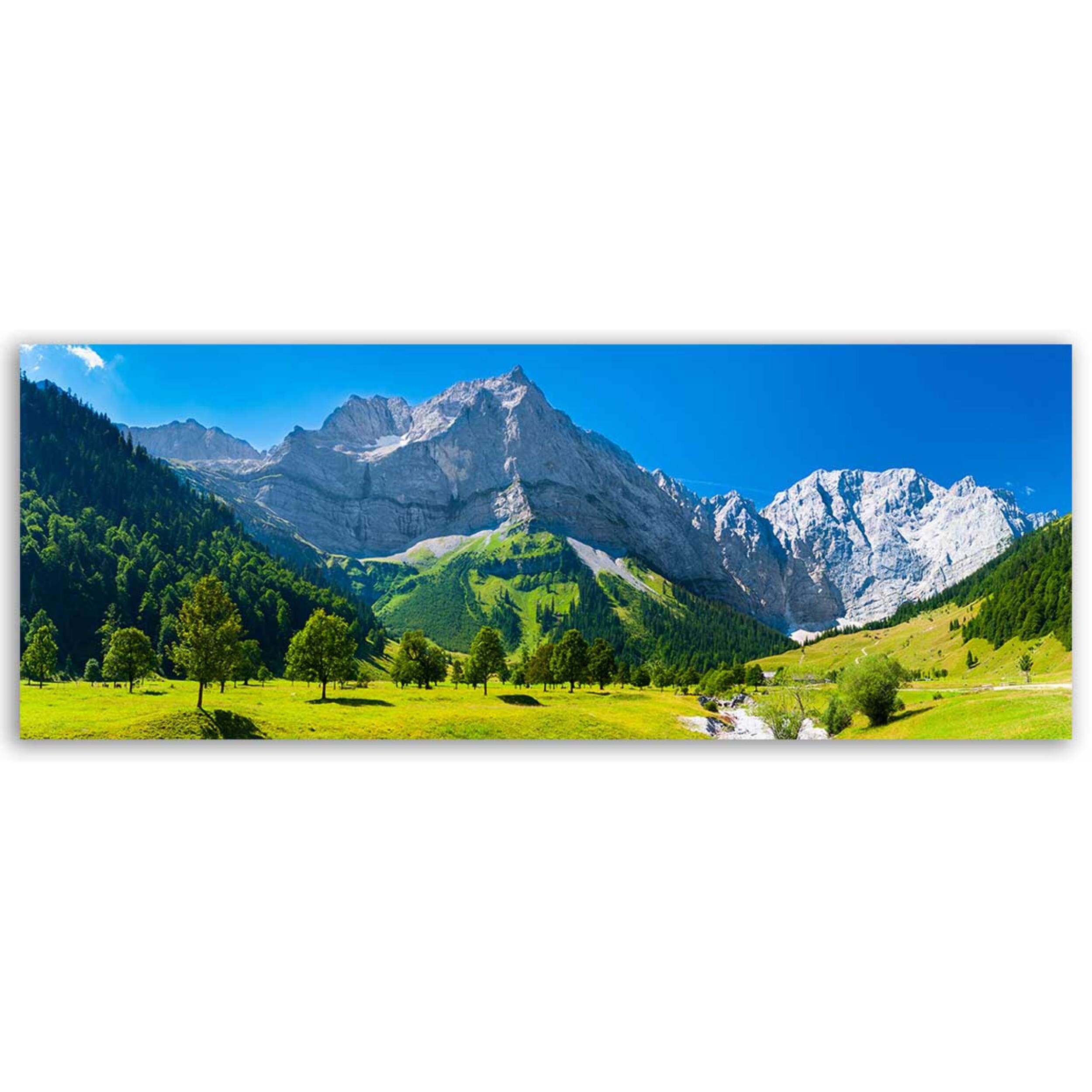 Tableau panoramique alpages lumineux et sommets alpins ciel bleu Toile imprimée