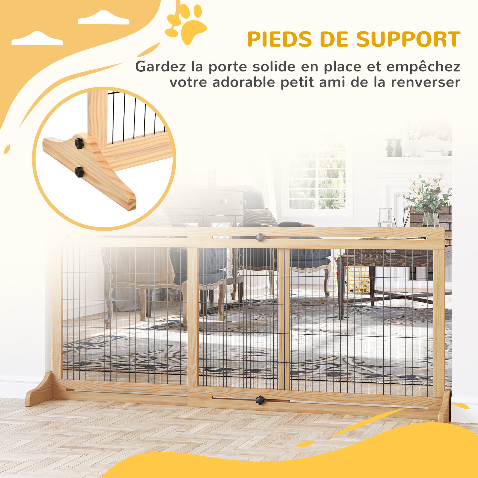 Barrière de sécurité chien barrière autoportante longueur réglable dim. 104-183L x 36l x 69H cm bois pin verni acier noir