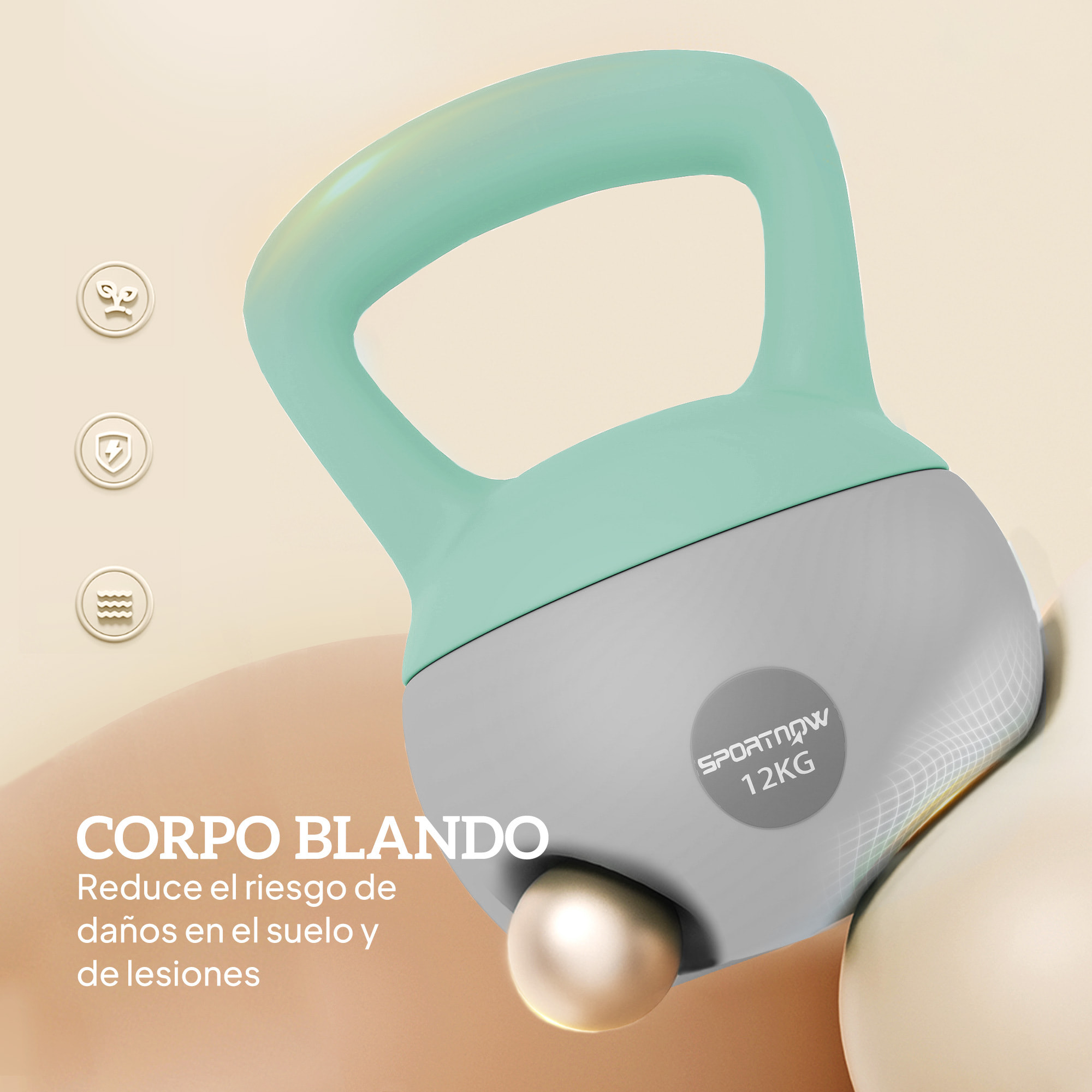 Pesa Rusa 12 kg, Soft Kettlebell Relleno de Arena Metálica y Mango Antideslizante, para Entrenamiento Culturismo en Casa, Gimnasio, Verde Menta y Gris